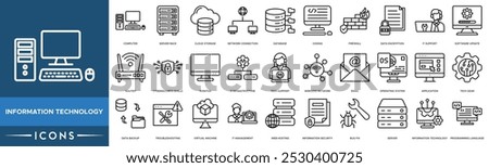 Information Technology icon. Computer, Server Rack, Cloud Storage, Network Connection and Database