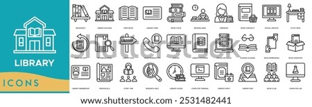 Library icon. Bookshelf, Library Building, Open Book, Library Card and Book Stack