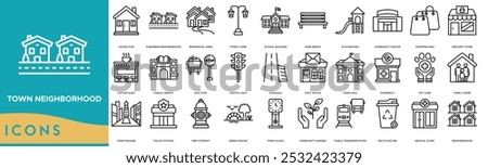 Town Neighborhood icon. House, Suburban Neighborhood, Residential Area, Street Lamp and School Building