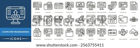 Computer Programming icon. Code Editor, Source Code, Syntax Highlighting, Debugging Tool and Code Snippet