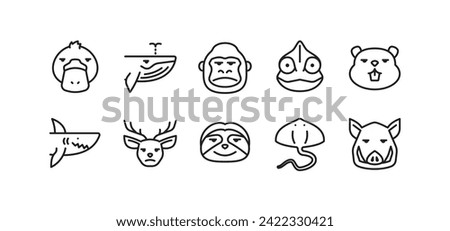 Set of animal icons. Simple outline animal icons pack contains icon such as platypus, whale, chameleon, gorilla, beaver etc. editable stroke