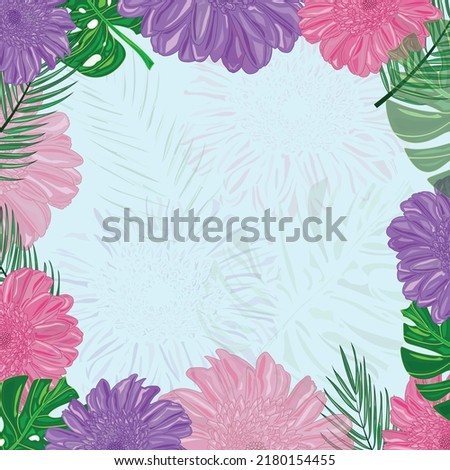 Vector art of floral  frame or border design, royal purple, fandango pink  color gerbera flower with  forest green traditional, dartmouth green color swiss cheese plant leaf and  palm tree leaf .