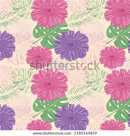 Seamless floral pattern of royal purple, fandango pink color gerbera flower with forest green traditional, dartmouth green color swiss cheese plant leaf and palm tree leaf  on creamy corn  background.