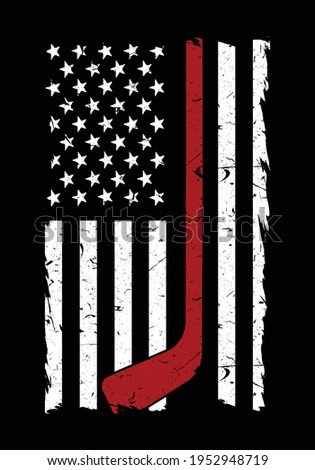 American hockey flag. Black and white USA flag and red hockey vector. Design element for poster, t-shirt print, card, advertising