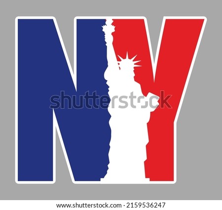 NY, New York Logo Type Icon with Statue of Liberty Vector Illustration and American Flag Background. New York City T-shirt apparel fashion design.