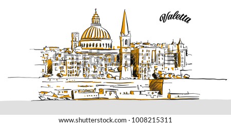 Sketch of Valetta, Malta. Hand drawn vector illustration with modern Headline. Use for greeting card and travel marketing.