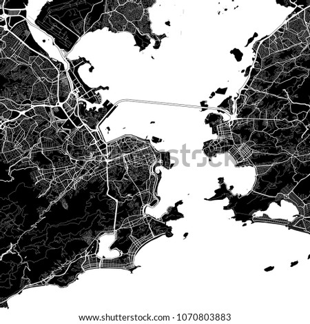 Area map of Rio de Janeiro, Brazil. Dark background version for infographic and marketing projects. This map of Rio de Janeiro, contains typical landmarks with streets, waterways and railways for addi