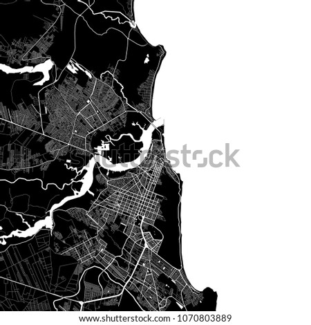 Area map of Natal, Brazil. Dark background version for infographic and marketing projects. This map of Natal,  Rio Grande do Norte, contains typical landmarks with streets, waterways 