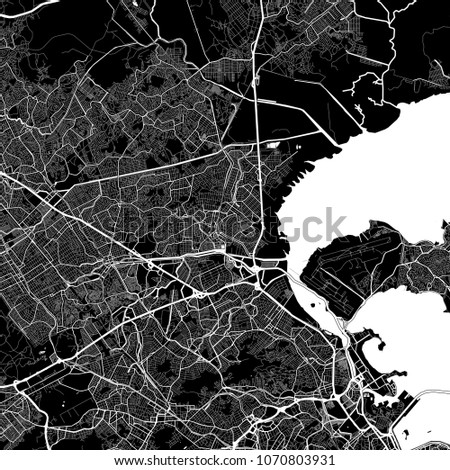 Area map of Duque de Caxias, Brazil. Dark background version for infographic and marketing projects. This map of Duque de Caxias,  Rio de Janeiro, contains typical landmarks with streets and waterways