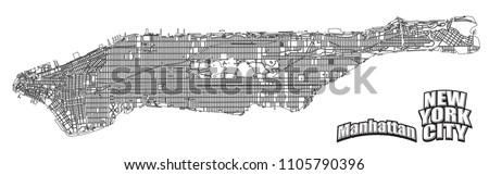 Manhattan map horizontal alinged . Very detailled version without bridges and names. NYC and Manhattan logo grouped seperatly in vector version.