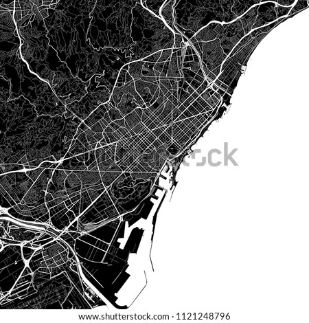 Area map of Barcelona, Spain. Dark background version for infographic and marketing projects. This map of Barcelona contains typical landmarks with streets, waterways and railways