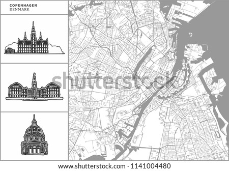 Copenhagen city map with hand-drawn architecture icons. All drawigns, map and background separated for easy color change. Easy repositioning in vector version.