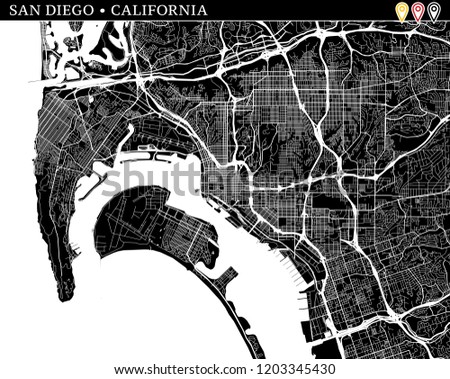 Simple map of San Diego, California, USA. Black and white version for clean backgrounds and prints. This map of San Diego contains three markers who are grouped and can be moved separetly