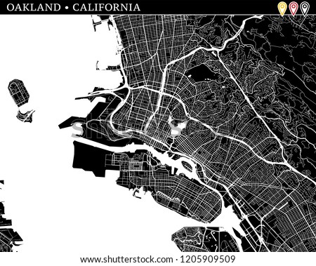 Simple map of Oakland, California, USA. Black and white version for clean backgrounds and prints. This map of Oakland contains three markers who are grouped and can be moved separetly in vector versio
