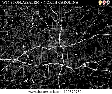 Simple map of Winston–Salem, North Carolina, USA. Black and white version for clean backgrounds and prints. This map of Winston–Salem contains three markers who are grouped and can be moved separately