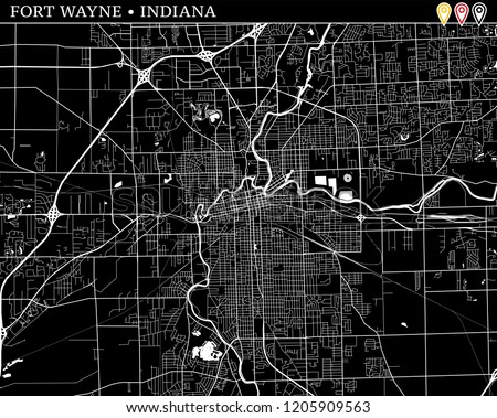 Simple map of Fort Wayne, Indiana, USA. Black and white version for clean backgrounds and prints. This map of Fort Wayne contains three markers who are grouped and can be moved separetly