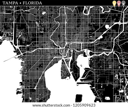 Simple map of Tampa, Florida, USA. Black and white version for clean backgrounds and prints. This map of Tampa contains three markers who are grouped and can be moved separetly in vector version.