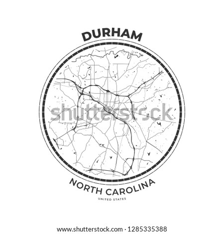 T-shirt map badge of Durham, North Carolina. Tee shirt print typography label badge emblem. Vector illustration