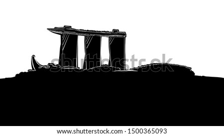 Singapore Modern  Panorama Silhouette Drawing. Hand-drawn illustration in the form of a woodcut for digital and print projects.