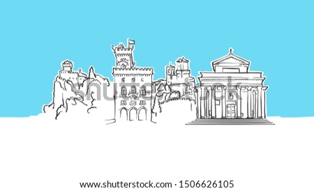 San Marino Skyline Panorama Vector Sketch. Hand-drawn Illustration on blue background.