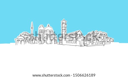 Pristina Kosovo Skyline Panorama Vector Sketch. Hand-drawn Illustration on blue background.