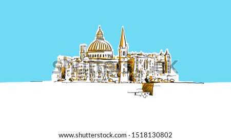 Valetta, Malta Lineart Vector Sketch. and Drawn Illustration on blue background.