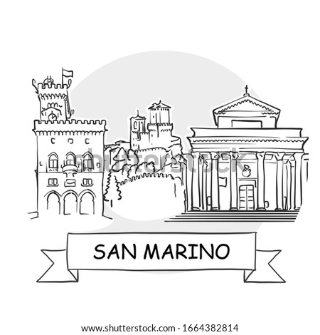 San Marino Cityscape Vector Sign. Line Art Illustration with Ribbon and Title.