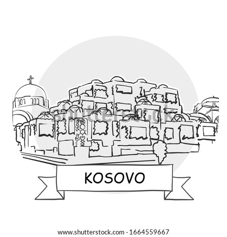 Kosovo Hand-Drawn Urban Vector Sign. Black Line Art Illustration with Ribbon and Title.