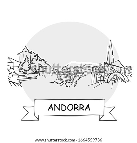 Andorra Hand-Drawn Urban Vector Sign. Black Line Art Illustration with Ribbon and Title.