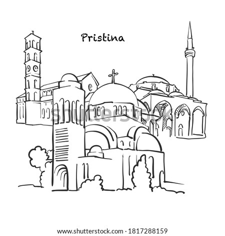 Famous buildings of Pristina, Kosovo Composition. Hand-drawn black and white vector illustration. Grouped and movable objects.