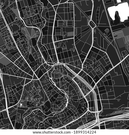 Dark vector art map of Erfurt, Thuringia, Germany with fine grays for urban and rural areas. The different shades of gray in the Erfurt  map do not follow any particular pattern.