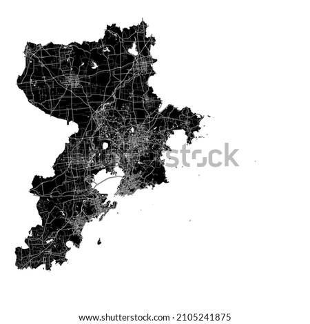 Qingdao, China, high resolution vector map with city boundaries, and editable paths. The city map was drawn with white areas and lines for main roads, side roads and watercourses on a black