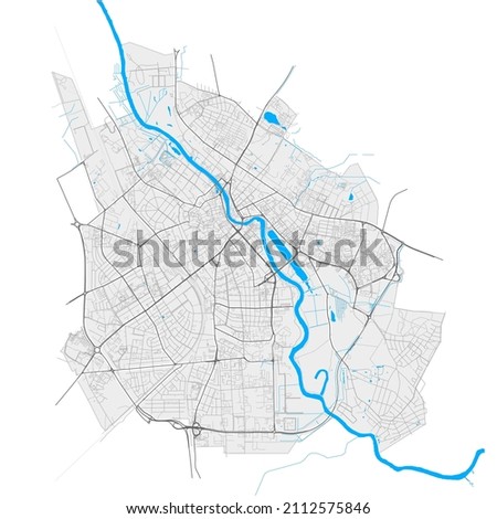 Tartu, Tartu, Estonia high resolution vector map with city boundaries and editable paths. White outlines for main roads. Many detailed paths. Blue shapes and lines for water.