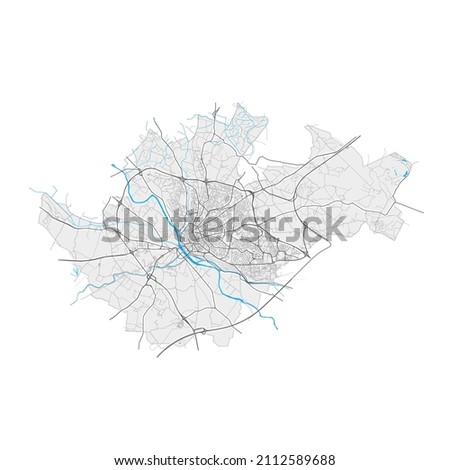 Beziers, Hérault, France high resolution vector map with city boundaries and editable paths. White outlines for main roads. Many detailed paths. Blue shapes and lines for water.