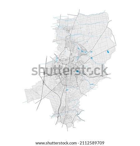 Darmstadt, Hesse, Germany high resolution vector map with city boundaries and editable paths. White outlines for main roads. Many detailed paths. Blue shapes and lines for water.