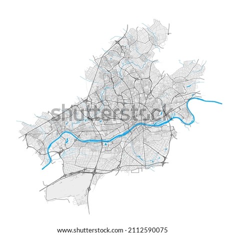 FrankfurtamMain, Hesse, Germany high resolution vector map with city boundaries and editable paths. White outlines for main roads. Many detailed paths. Blue shapes and lines for water.