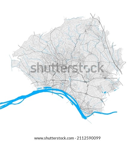 Wiesbaden, Hesse, Germany high resolution vector map with city boundaries and editable paths. White outlines for main roads. Many detailed paths. Blue shapes and lines for water.