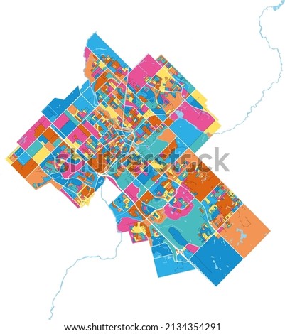 Guelph, Ontario, Canada colorful high resolution vector art map with city boundaries. White outlines for main roads. Many details. Blue shapes for water. 