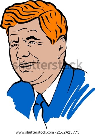 John F. Kennedy vector drawing with colored surfaces. Hand-drawn outline sketch. Drawing for use on any marketing project and for resale as print.