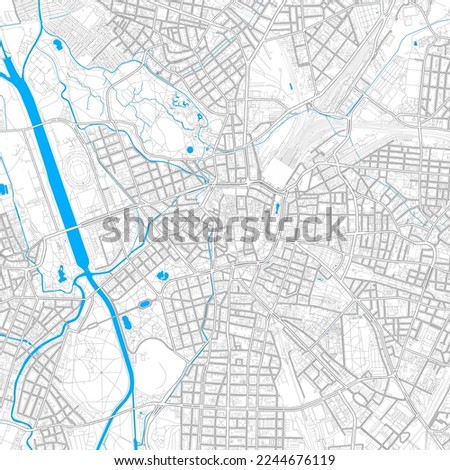 Leipzig, Saxony, Germany high resolution vector map with editable paths. Bright outlines for main roads. Use it for any printed and digital background. Blue shapes and lines for water.