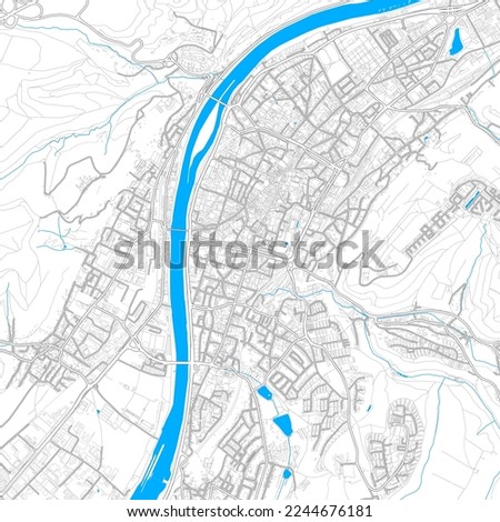 Trier, Rheinland-Pfalz, Germany high resolution vector map with editable paths. Bright outlines for main roads. Use it for any printed and digital background. Blue shapes and lines for water.