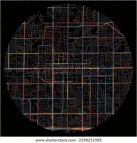 Map of Mesa, Arizona with all major and minor roads, railways and waterways. Colorful line art on black background.