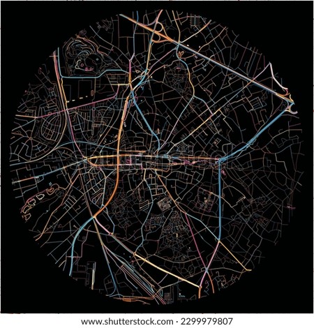 Map of Genk, Limburg with all major and minor roads, railways and waterways. Colorful line art on black background.