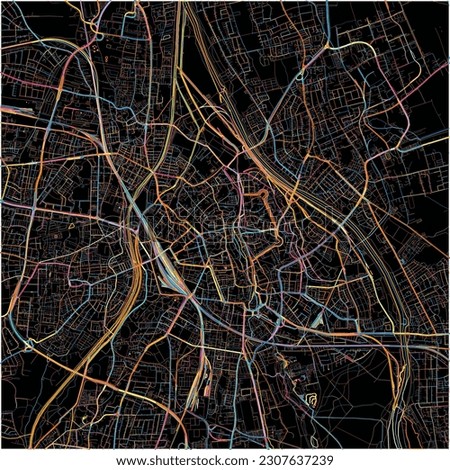 Map of Augsburg, Bavaria with all major and minor roads, railways and waterways. Colorful line art on black background.
