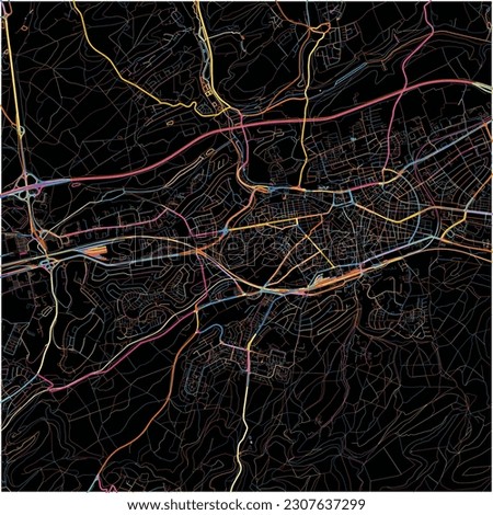 Map of Kaiserslautern, Rheinland-Pfalz with all major and minor roads, railways and waterways. Colorful line art on black background.