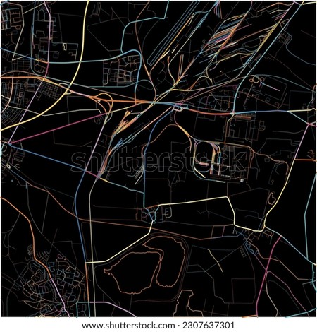 Map of Salzgitter, Lower Saxony with all major and minor roads, railways and waterways. Colorful line art on black background.