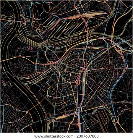 Map of Duisburg, North Rhine-Westphalia with all major and minor roads, railways and waterways. Colorful line art on black background.