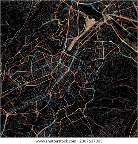 Map of Stuttgart, Baden-Wuerttemberg with all major and minor roads, railways and waterways. Colorful line art on black background.