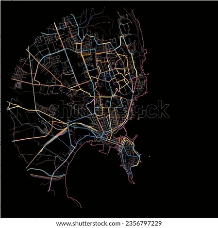 Map of Syracuse, Sicily with all major and minor roads, railways and waterways. Colorful line art on black background.