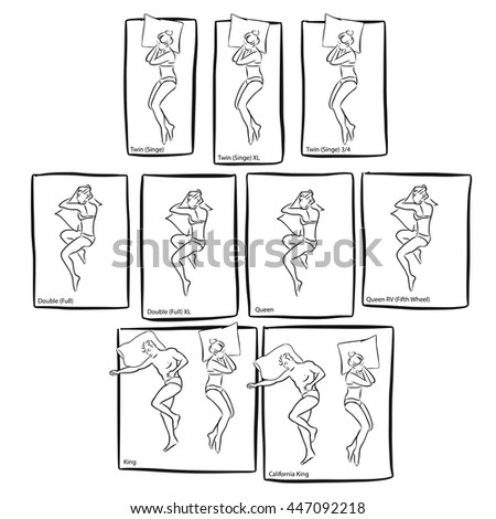 Various Bed Sizes with People sleeping, Vector hand drawn Sketches